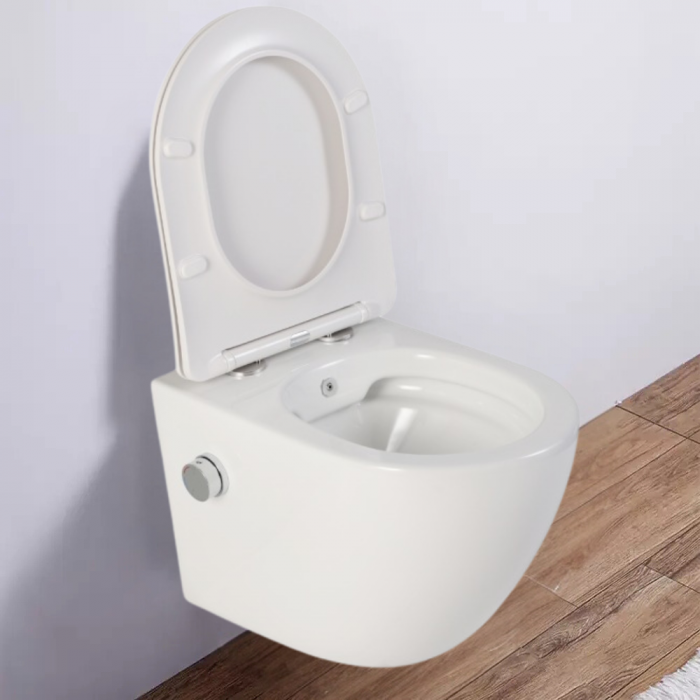 Vas wc suspendat cu functie bideu, semirotund, rimless, apă calda/rece, capac soft close, baterie crom Foglia Oslo [9]