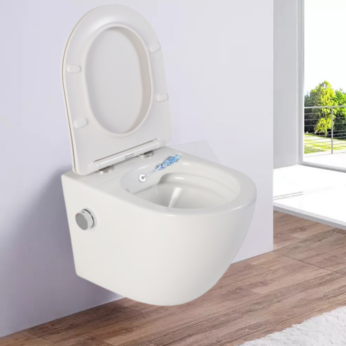 Vas wc suspendat cu functie bideu, semirotund, rimless, apă calda/rece, capac soft close, baterie crom Foglia Oslo [8]