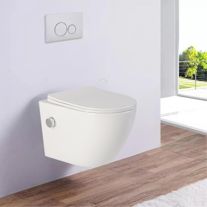 Vas wc suspendat cu functie bideu, semirotund, rimless, apă calda/rece, capac soft close, baterie crom Foglia Oslo [7]