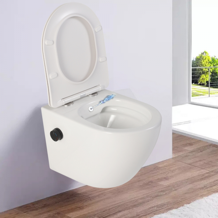 Vas wc suspendat cu functie bideu, semirotund, rimless, apă calda/rece, capac soft close, baterie negru mat Foglia Oslo [8]
