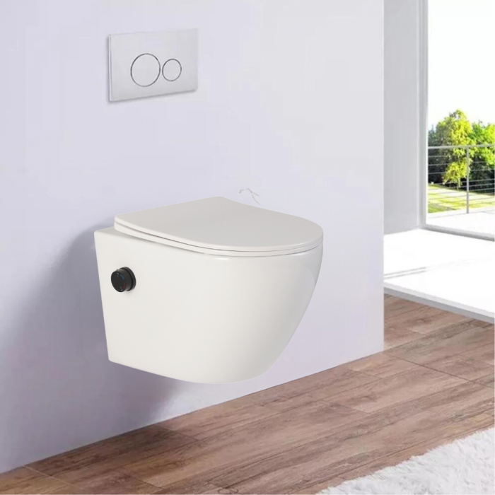 Vas wc suspendat cu functie bideu, semirotund, rimless, apă calda/rece, capac soft close, baterie negru mat Foglia Oslo [7]