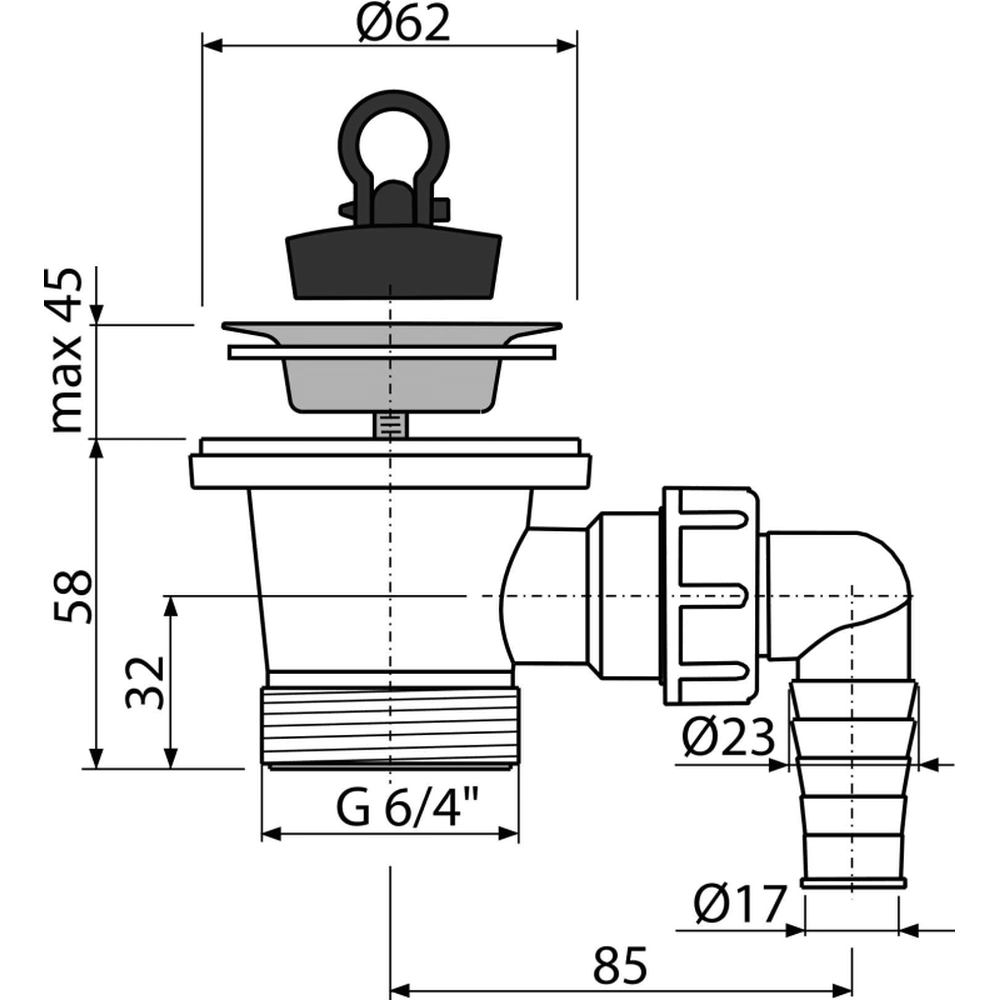 Ventil chiuveta baie cu sita Ø62 mm, dop si legatura masina de spalat, 6/4" Alcadrain A31P [2]