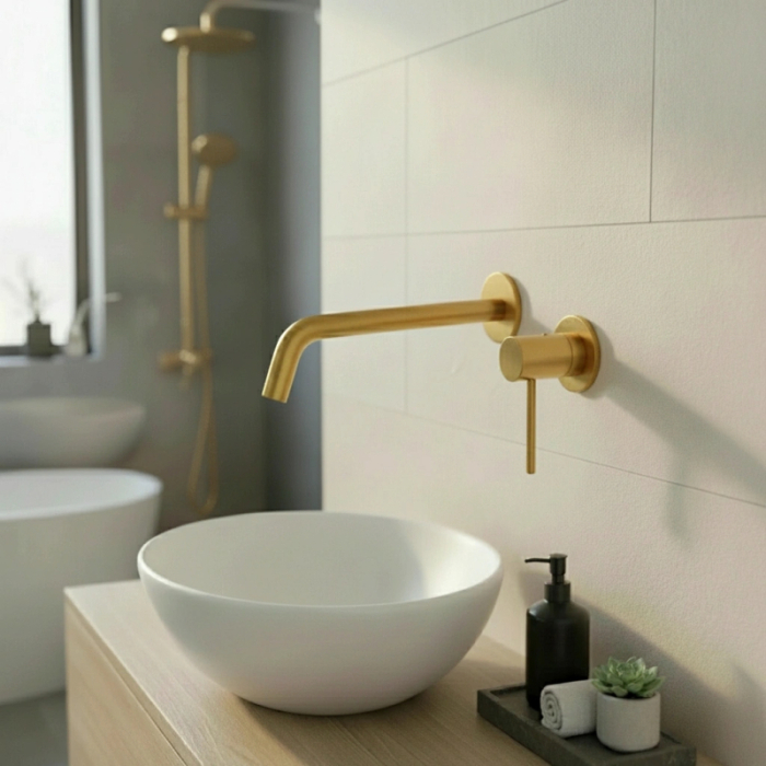 Baterie lavoar din alama sanitara, auriu periat, pipa fix, 20,3 cm, LaVita Verdi [2]