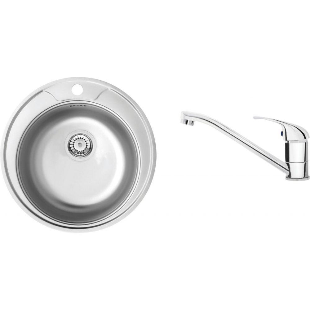 Set chiuveta bucatarie rotunda inox si baterie crom Deante, Twist