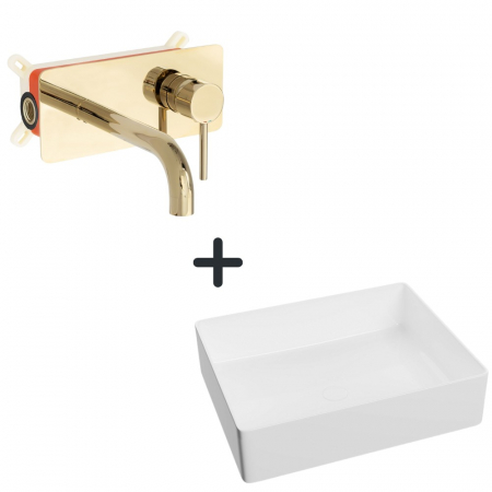 Baie completa - Set lavoar baie dreptunghiular alb lucios cu ventil inclus Foglia plus baterie incastrata aurie Viva Foglia