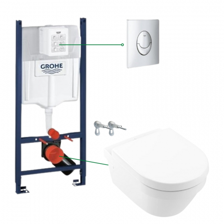Set vas wc suspendat rimless cu capac Villeroy&Boch, Architectura plus rezervor incastrat si clapeta crom Skate Air Grohe [0]