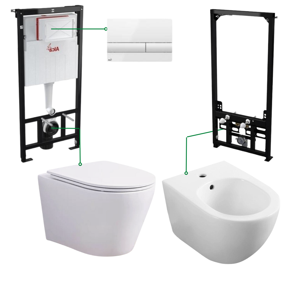 Seturi vas WC suspendat cu rezervor incastrat si clapeta - Set vas wc suspendat si bideu, Foglia Oslo plus rezervor incastrat si clapeta Alcadrain