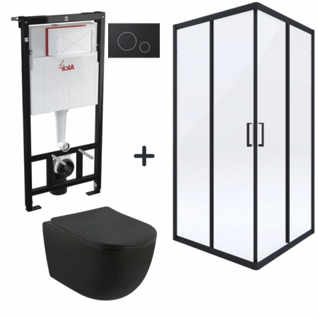 Black Friday - Set cabina dus cu usa culisanta, vas wc rimless cu capac soft close si rezervor wc incastrat cu clapeta Foglia
