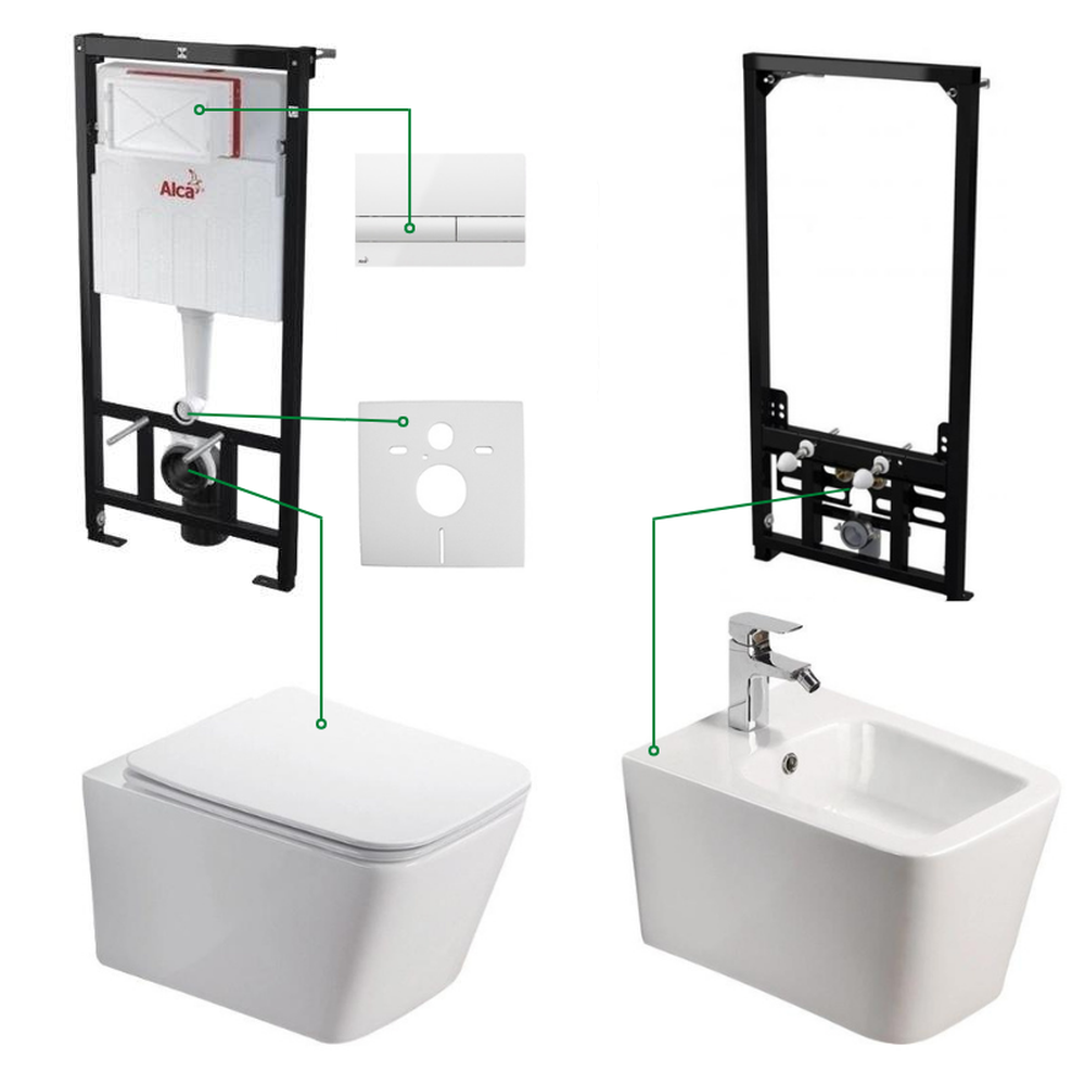 Seturi vas WC suspendat cu rezervor incastrat si clapeta - Set vas wc cu bideu suspendat, rezervor incastrat si clapeta alba plus cadru montaj bideu, Paris
