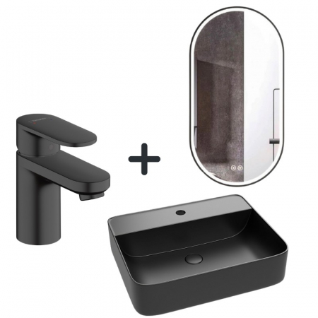 Seturi lavoare cu baterie si oglinda - Set lavoar negru cu ventil inclus, baterie neagra plus oglinda cu iluminare LED si dezaburire