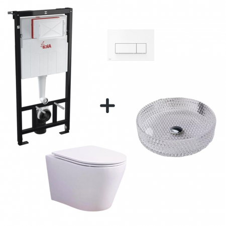 Provocarea mintii - ghicitori cu reduceri - Set vas wc rimless cu capac soft close Foglia, lavoar sticla, plus rezervor incastrat si clapeta Alca
