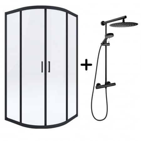 Seturi cabine cu coloane de dus - Set cabina dus neagra semirotunda 80x80 cm plus coloana dus cu termostat negru mat FDesign Anima