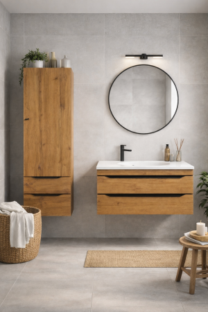 Seturi complete mobilier baie - Set mobilier baie complet KolpaSan Malaya stejar natur cu lavoar compozit, dulap suspendat și oglinda