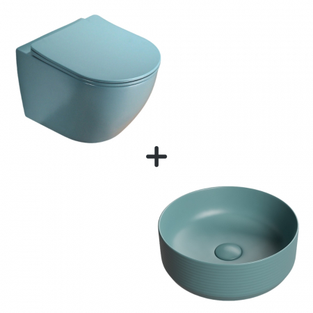 Perechea perfecta - Set vas wc rimless cu capac soft close plus lavoar baie rotund verde turcoaz mat