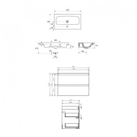 Set dulap baie suspendat gri 2 sertare lavoar inclus, 80 cm, Cersanit Moduo [1]