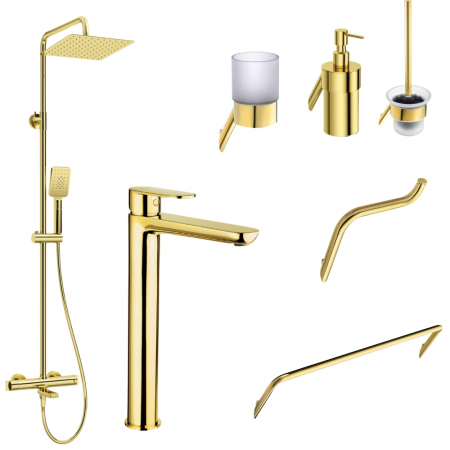 Seturi coloane dus, baterii lavoar si accesorii - Set coloana de dus si baterie lavoar inalta Deante Alpinia cu accesorii Deante Silia, auriu lucios