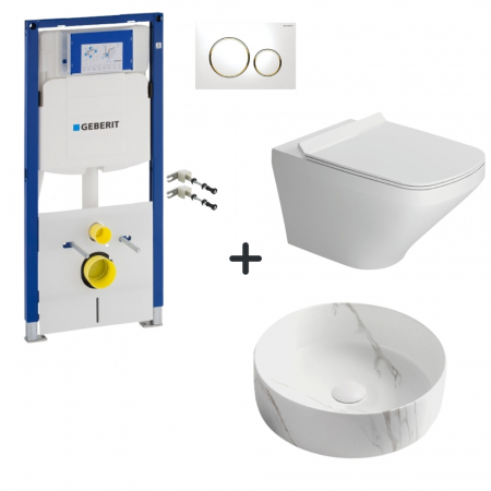 Seturi vase WC cu lavoar - Set vas wc rimless cu capac soft close, lavoar baie efect marmura rotund si rezervor wc cu clapeta alba