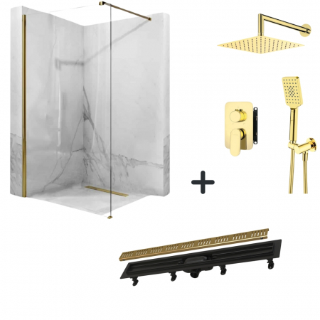 Set paravan dus walk-in 100x200 cm, rigola si set de dus incastrat auriu Alpinia [0]