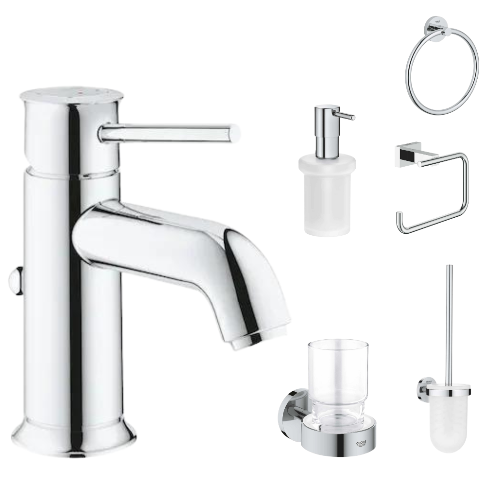 Seturi baterie lavoar si accesorii - Set baterie lavoar Grohe Start Classic si accesorii baie Grohe Essentials, crom