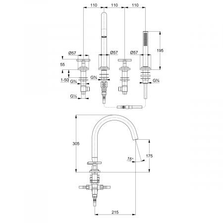 Baterie cada-dus cu 4 orificii Kludi Nova Fonte, manere cruce, crom lucios [1]