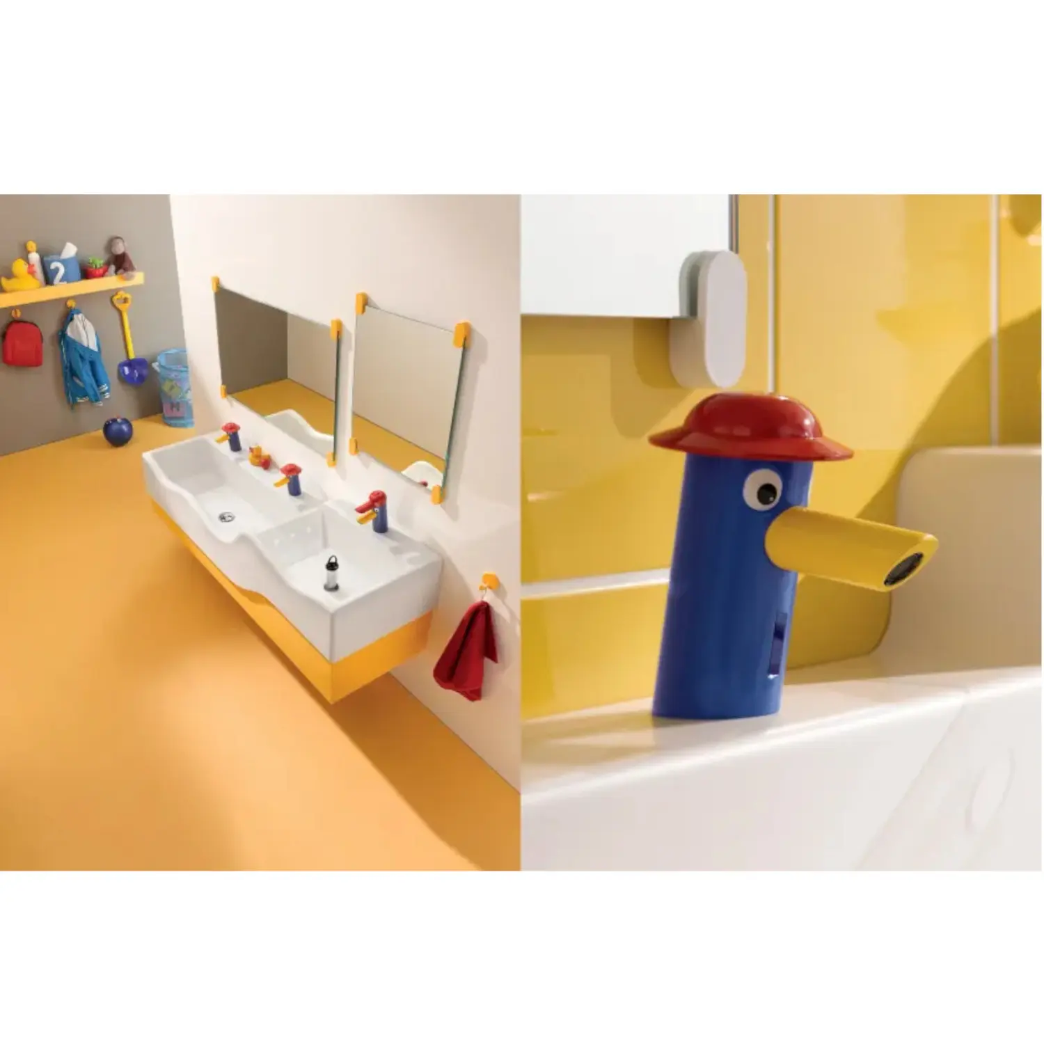 Baterie lavoar pentru copii, cu senzor, alimentare la retea, multicolor albastru/galben/rosu, pipa fixa 8 cm, Geberit Bambini [1]