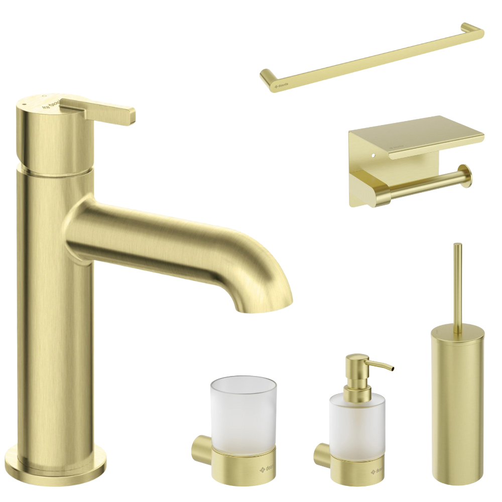 Perechea perfecta - Set baterie lavoar Deante Silia si accesorii baie Deante Round, auriu periat