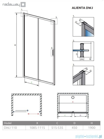 Ușă de duș culisantă pentru nișă Radaway Alienta DWJ 110x190 cm, aur pal periat, sticlă 5 mm [1]