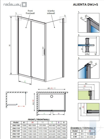 Perete lateral fix de duș Radaway Alienta S1 80x190 cm, aur pal periat, sticlă 5 mm [1]