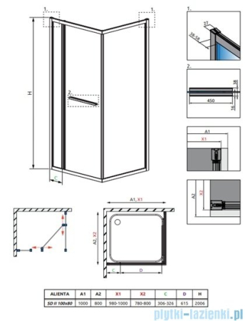 Cabină de duș dreptunghiulară Radaway Alienta SD II 100x80x200,6 cm, crom, sticlă 6 mm, uși culisante [1]