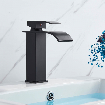 Baie - Baterie lavoar negru mat cu curgere tip cascada, Eigens