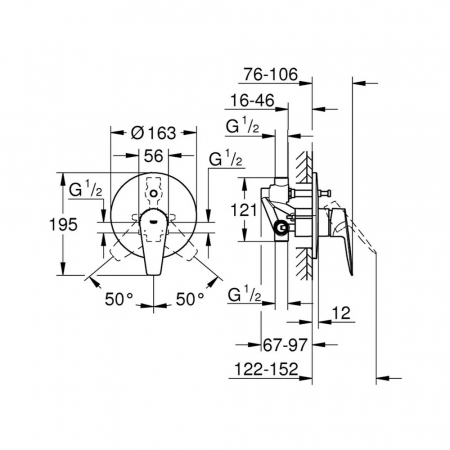 Baterie cada sau dus incastrata crom, corp incastrat inclus, Grohe BauEdge New [1]