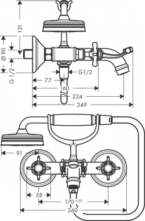 Baterie cada bronz periat cu para si furtun dus, dubla comanda, Hansgrohe Axor Montreux [1]