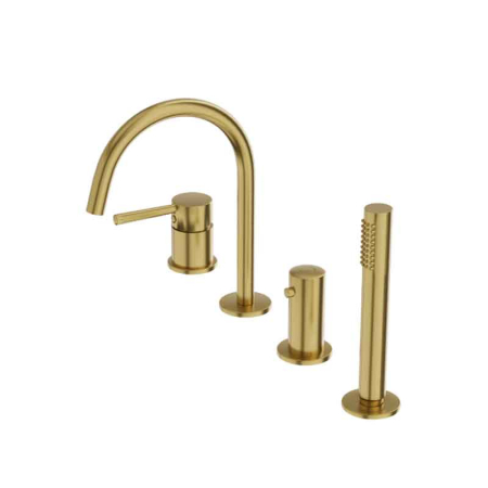 Baie - Baterie cada cu montaj pe cada, auriu periat, 4 gauri, cu set dus, pipa 20 cm, LaVita Verdi