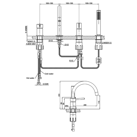 Baterie cada cu montaj pe cada, auriu periat, 4 gauri, cu set dus, pipa 20 cm, LaVita Verdi [1]