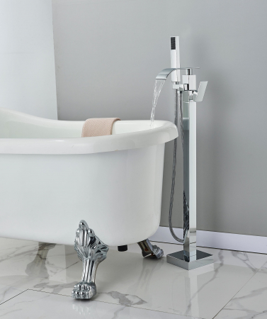 Baterie cada freestanding argintiu lucios cu curgere tip cascada si dus de mana [1]