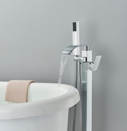Baterie cada freestanding argintiu lucios cu curgere tip cascada si dus de mana [9]