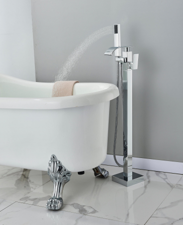 Baie - Baterie cada freestanding argintiu lucios cu curgere tip cascada si dus de mana