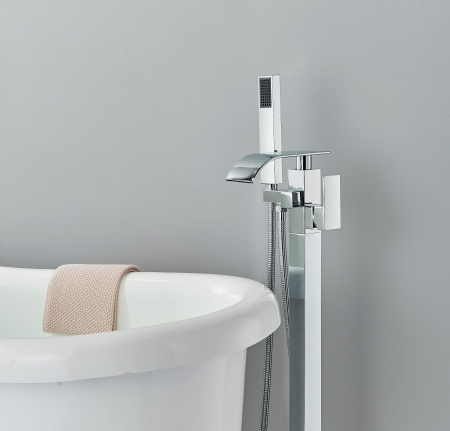 Baterie cada freestanding argintiu lucios cu curgere tip cascada si dus de mana [4]