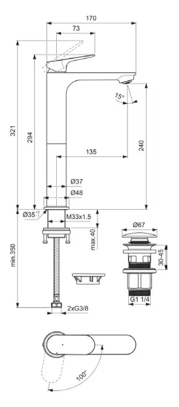 Baterie inalta pentru lavoar, cu ventil click-clak inclus, crom lucios, Ideal Standard Ceralife O [5]