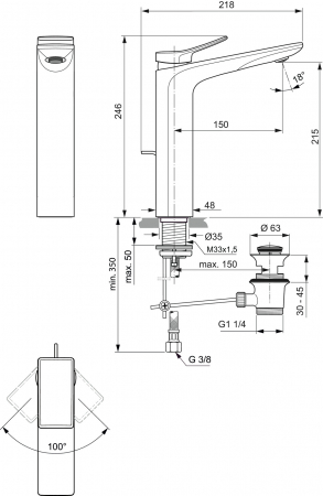 Baterie lavoar inalta Ideal Standard Conca crom lucios cu ventil pop-up inclus [4]