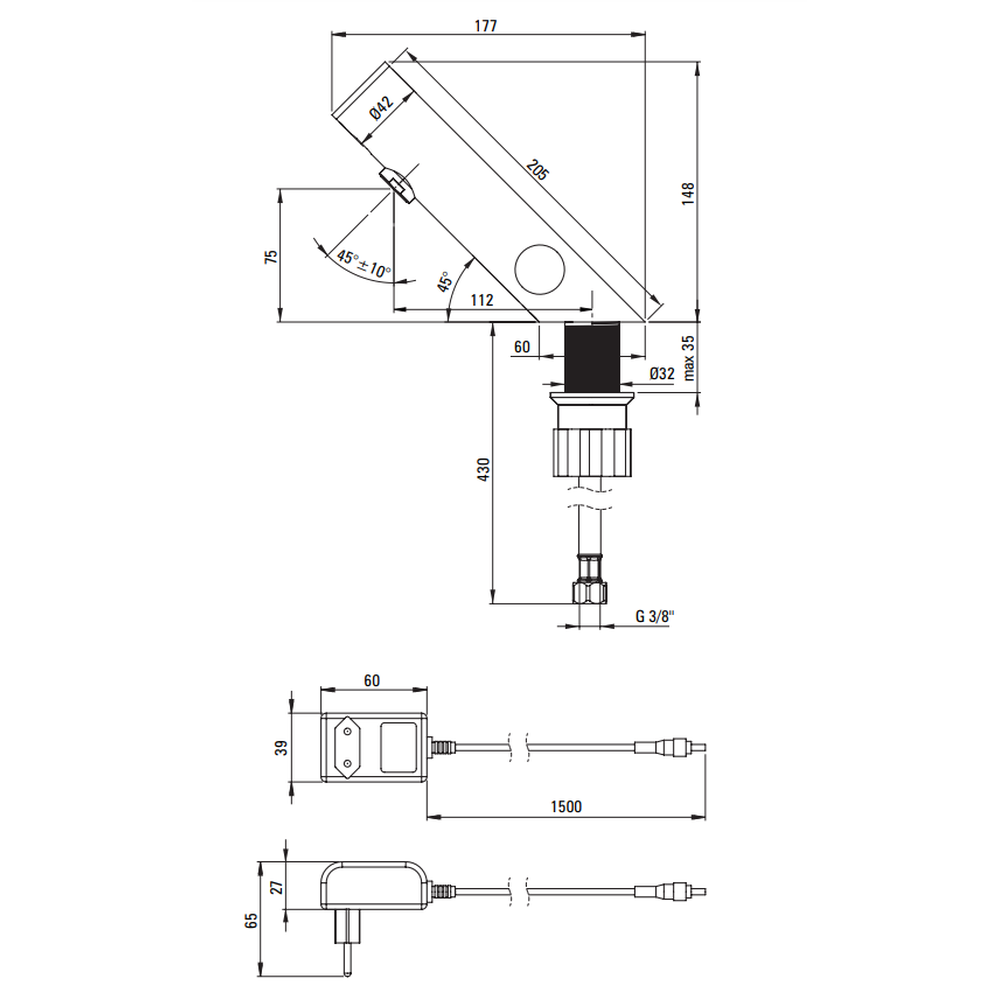Baterie lavoar cu senzor, culoare negru, alimentare retea 230/6V, control temperatura, Deante Sense [3]