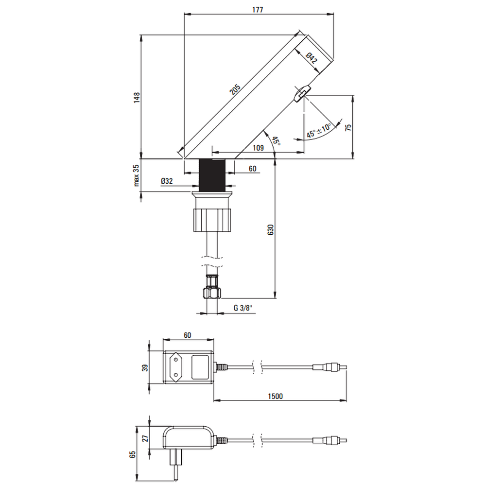Baterie lavoar cu senzor, culoare oțel șlefuit, alimentare retea 230/6V, fara control temperatura,  Deante Sense [5]