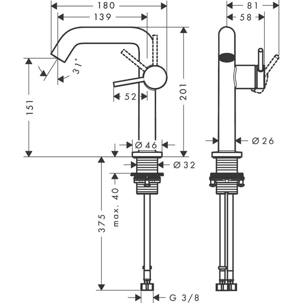 Baterie lavoar cu ventil inclus tehnologie CoolStart, crom, Hansgrohe Tecturis S 150 [1]