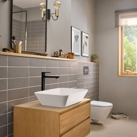 Baterie lavoar cu ventil inclus tehnologie CoolStart, negru mat, Hansgrohe Rebris E 240 [1]