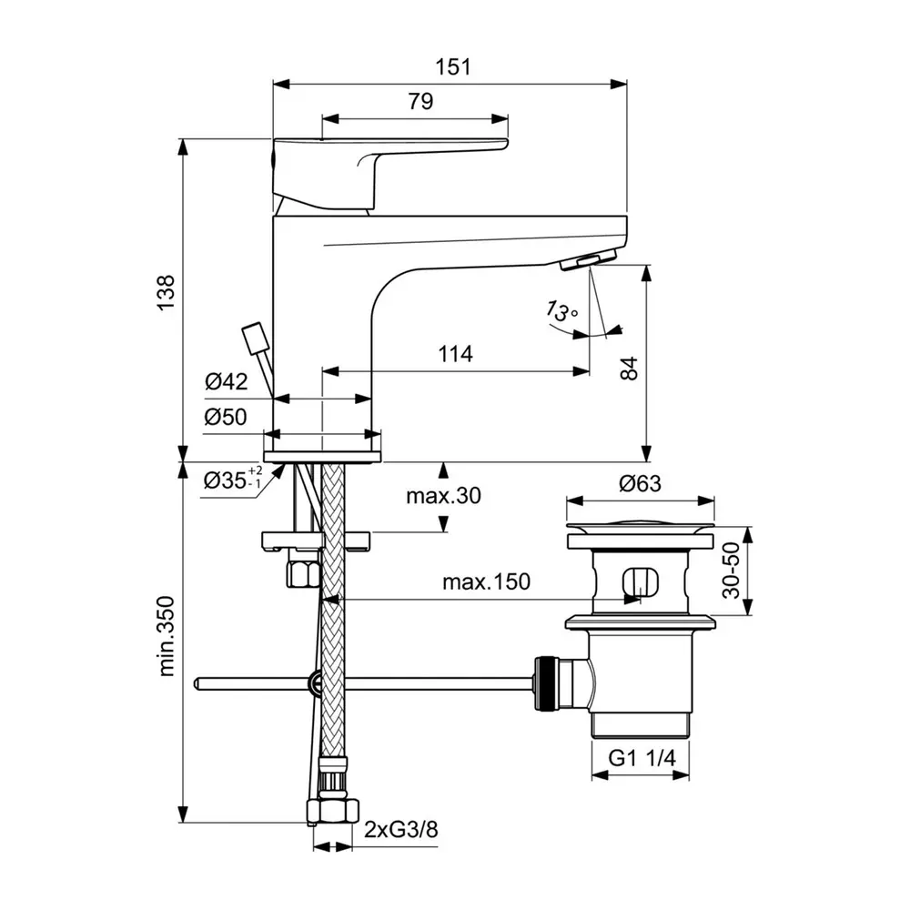 Baterie pentru lavoar, crom, cu ventil metalic, Ideal Standard Cerafine O H80 [1]