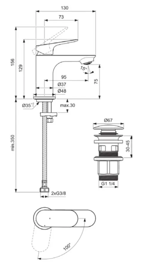 Baterie pentru lavoar 129 mm, crom lucios, cu ventil inclus, Ideal Standard Ceralife O [4]