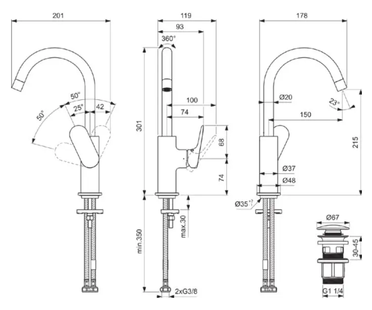 Baterie pentru lavoar cu ventil clickclack, pipa pivotanta, finisaj crom lucios, Ideal Standard Ceralife C [5]