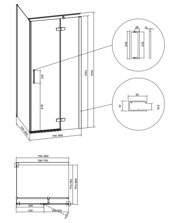 Cabina de dus 80x80x195 cm, sticla securizata 6 mm, dreapta, Auriu, Cersanit Jota [1]