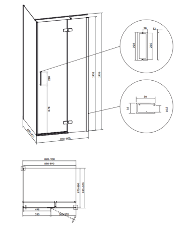 Cabina de dus 90x90x195 cm, sticla securizata 6 mm, dreapta, Auriu, Cersanit Jota [1]