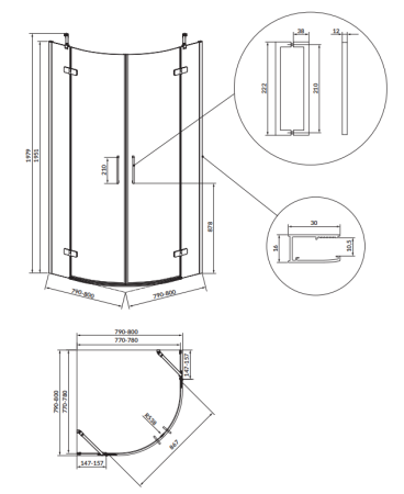 Cabina de dus 80x80x195 cm, sticla securizata 6 mm, semirotunda, negru, Cersanit Jota [1]